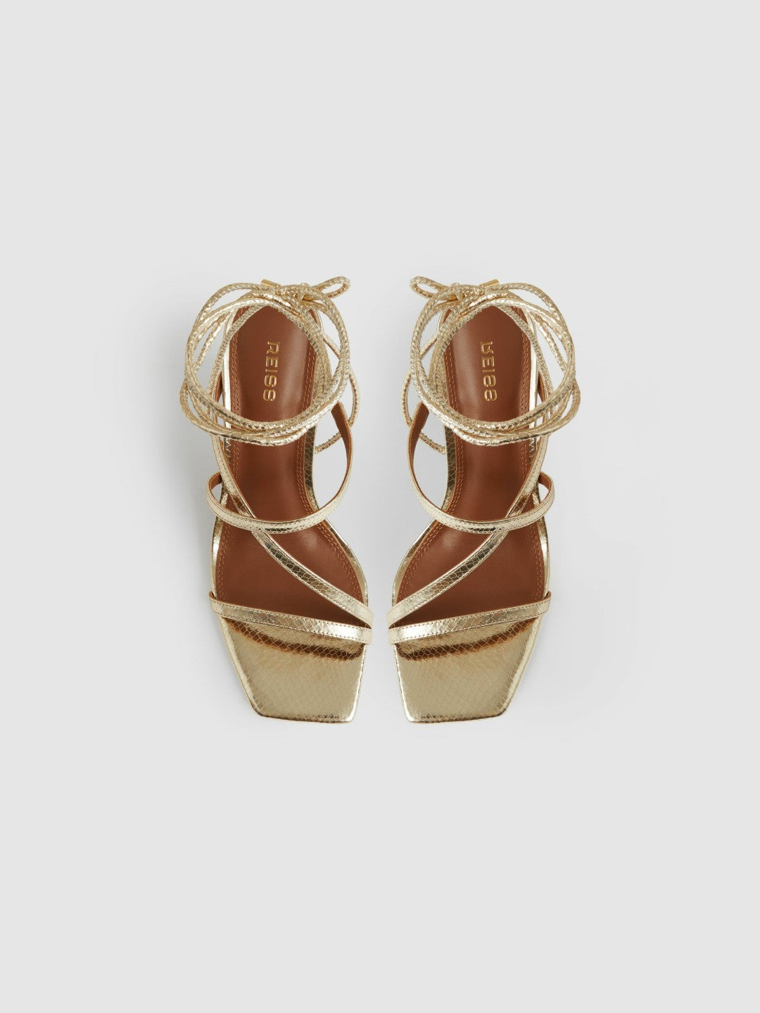 Leather Metallic Strappy Heeled Sandals Gold | Womens