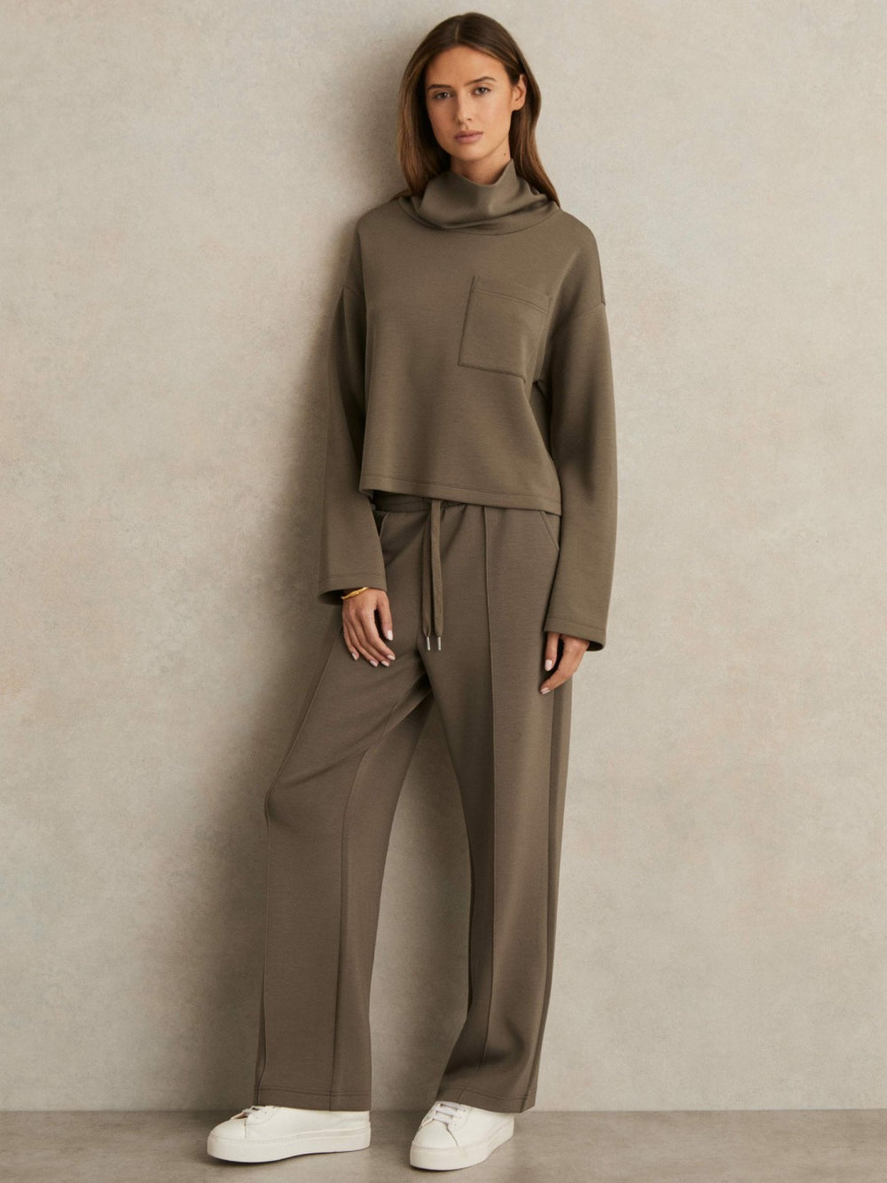 Petite Modal-Blend Interlock Wide-Leg Joggers Khaki Green | Womens
