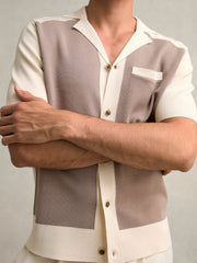 Colour-Block Cuban-Collar Knit Shirt Taupe Brown/Light Stone | Mens