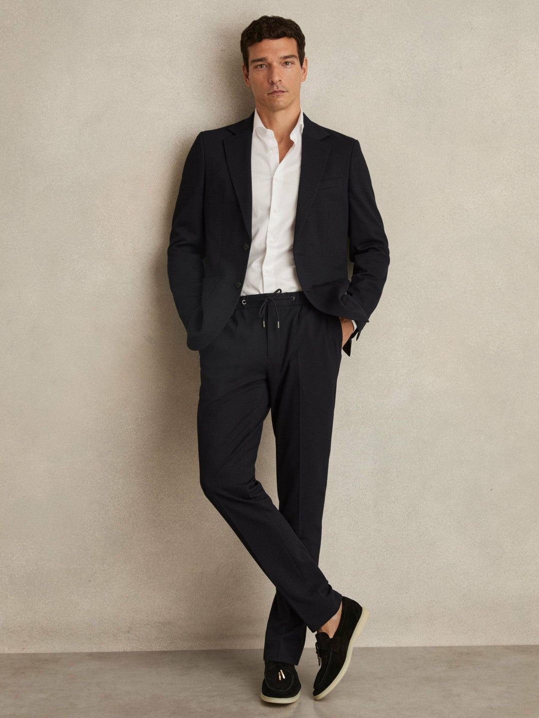 Slim Fit Jersey Drawstring Suit Trousers Navy | Mens