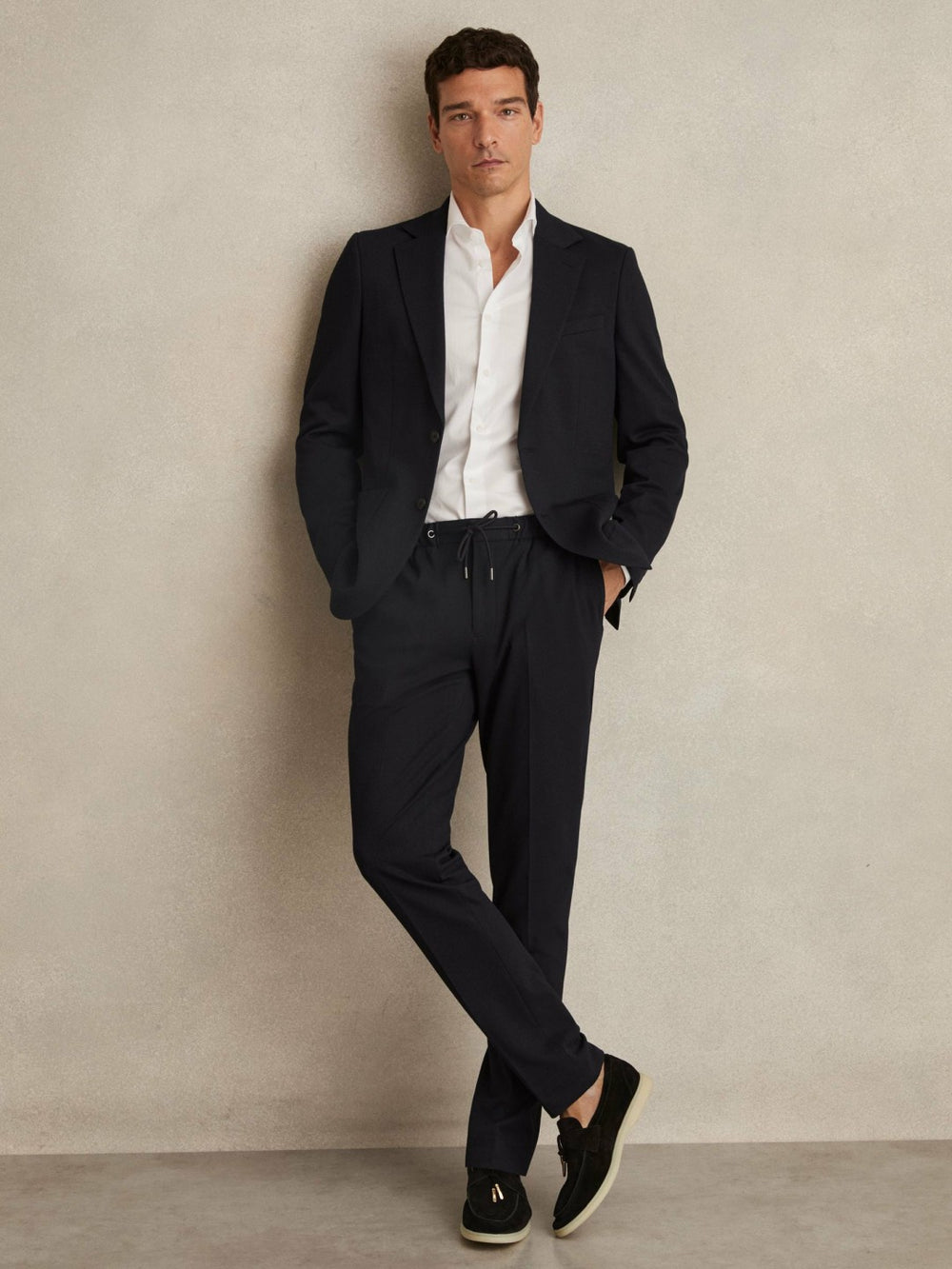 Slim Fit Jersey Drawstring Suit Trousers Navy | Mens
