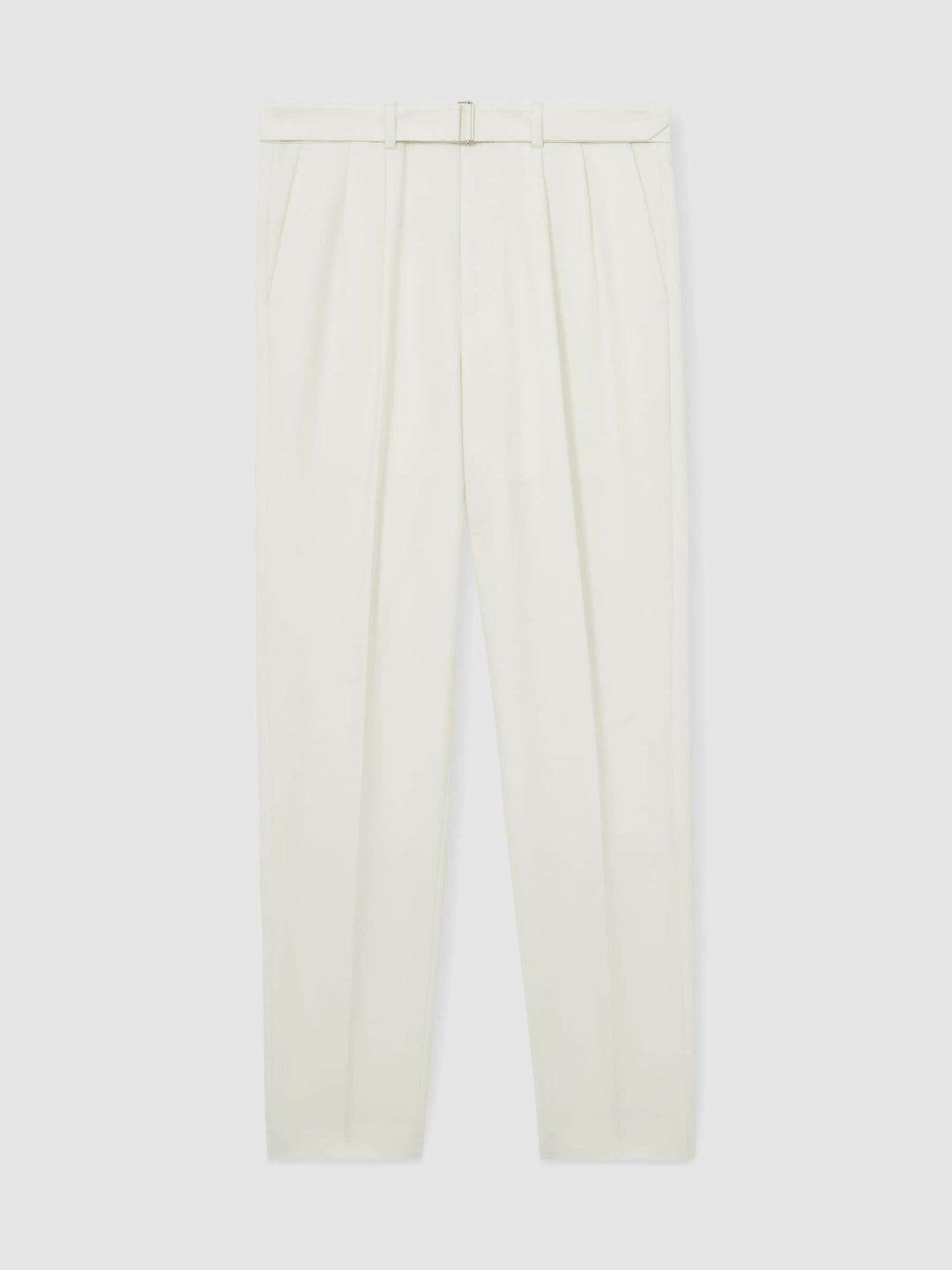 Wool-Blend Belted Pleated Trousers Regular-Fit White | Mens