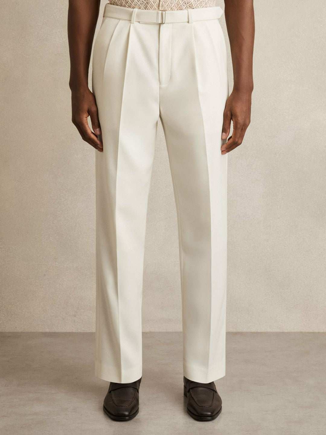 Wool-Blend Belted Pleated Trousers Regular-Fit White | Mens