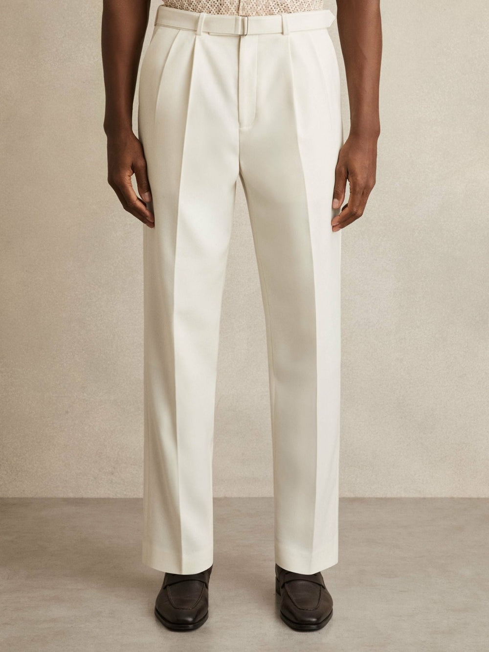 Wool-Blend Belted Pleated Trousers Regular-Fit White | Mens