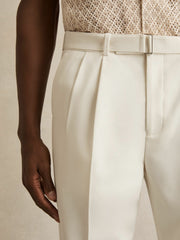 Wool-Blend Belted Pleated Trousers Regular-Fit White | Mens