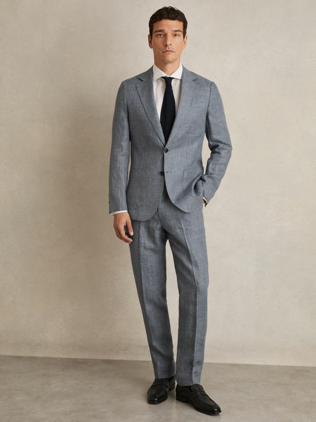 Slim Fit Linen Check Suit Trousers Soft Blue | Mens