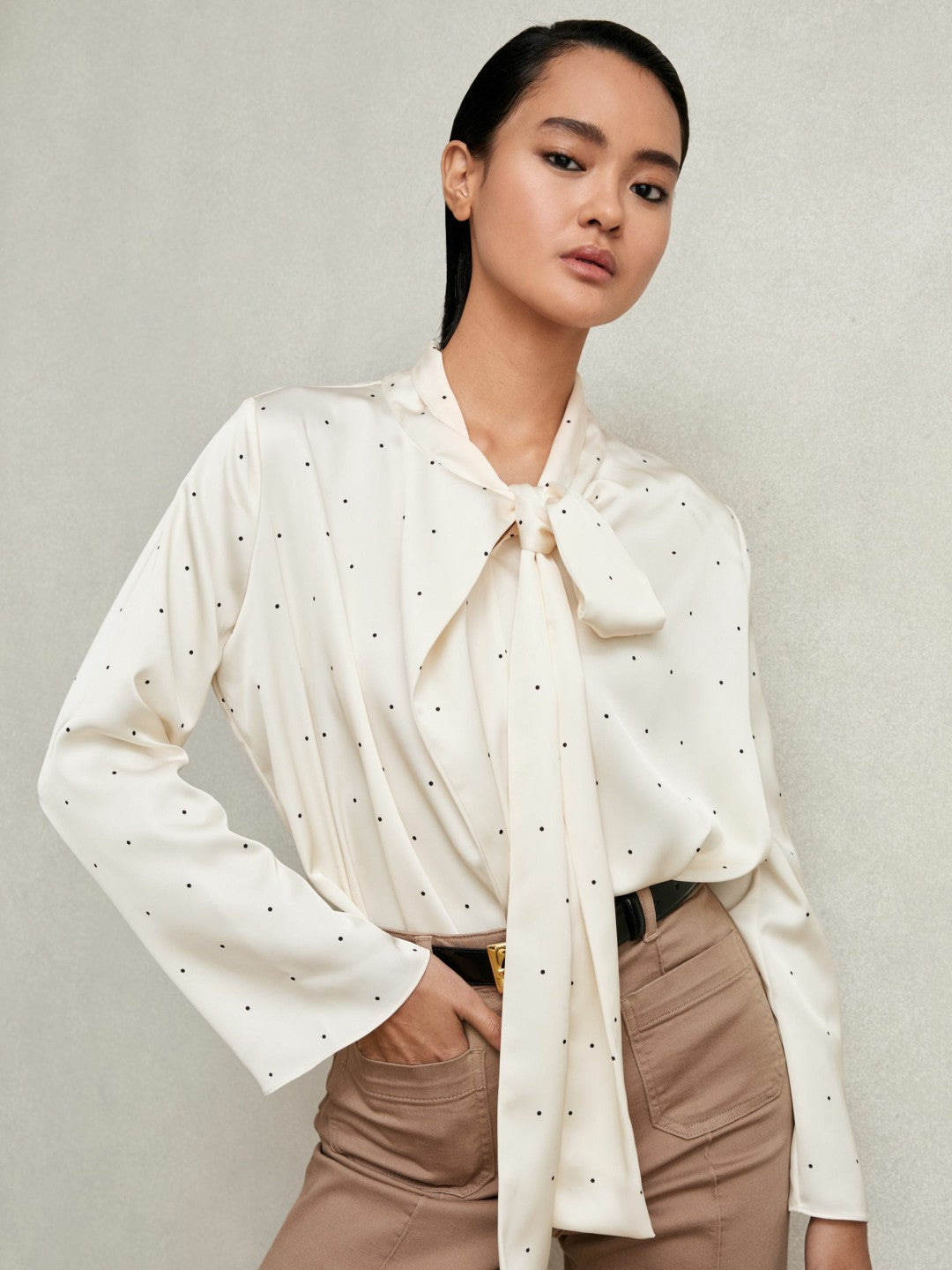 Satin Polka Dot Tie Neck Blouse Ivory | Womens