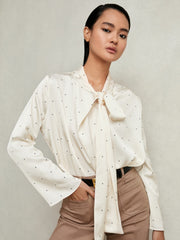 Satin Polka Dot Tie Neck Blouse Ivory | Womens