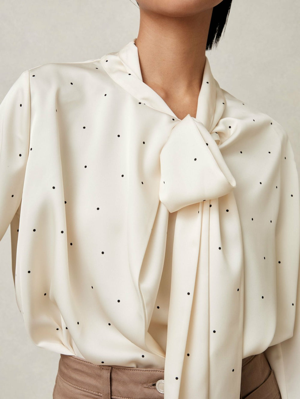 Satin Polka Dot Tie Neck Blouse Ivory | Womens