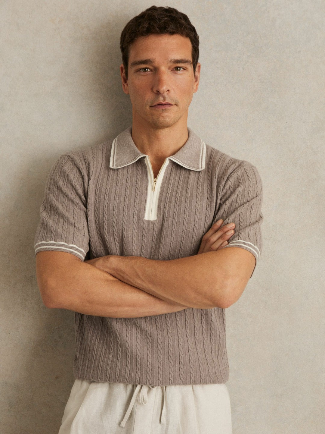 Micro-Cable Half-Zip Polo Shirt Light Taupe Brown | Mens