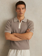 Micro-Cable Half-Zip Polo Shirt Light Taupe Brown | Mens