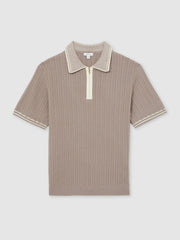Micro-Cable Half-Zip Polo Shirt Light Taupe Brown | Mens