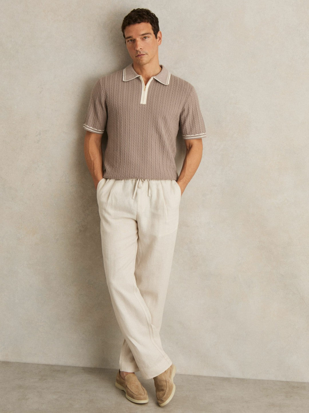 Micro-Cable Half-Zip Polo Shirt Light Taupe Brown | Mens