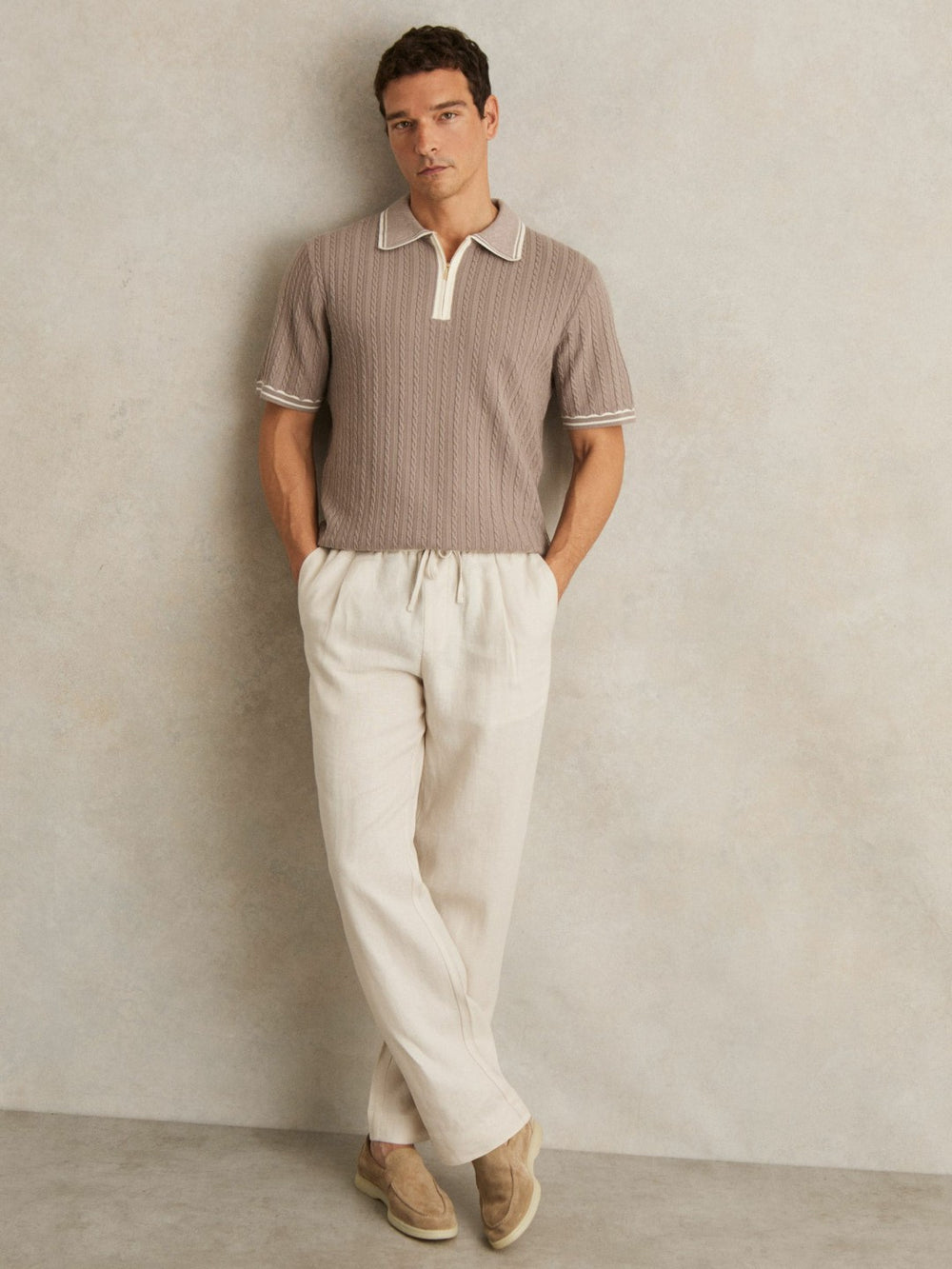 Micro-Cable Half-Zip Polo Shirt Light Taupe Brown | Mens