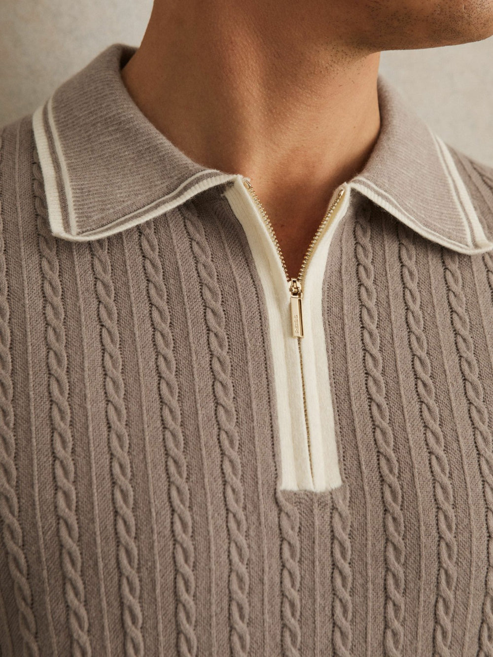 Micro-Cable Half-Zip Polo Shirt Light Taupe Brown | Mens
