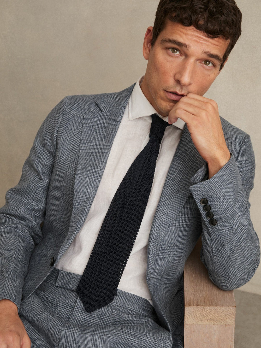 Slim Fit Single Breasted Linen Check Suit Blazer Soft Blue | Mens