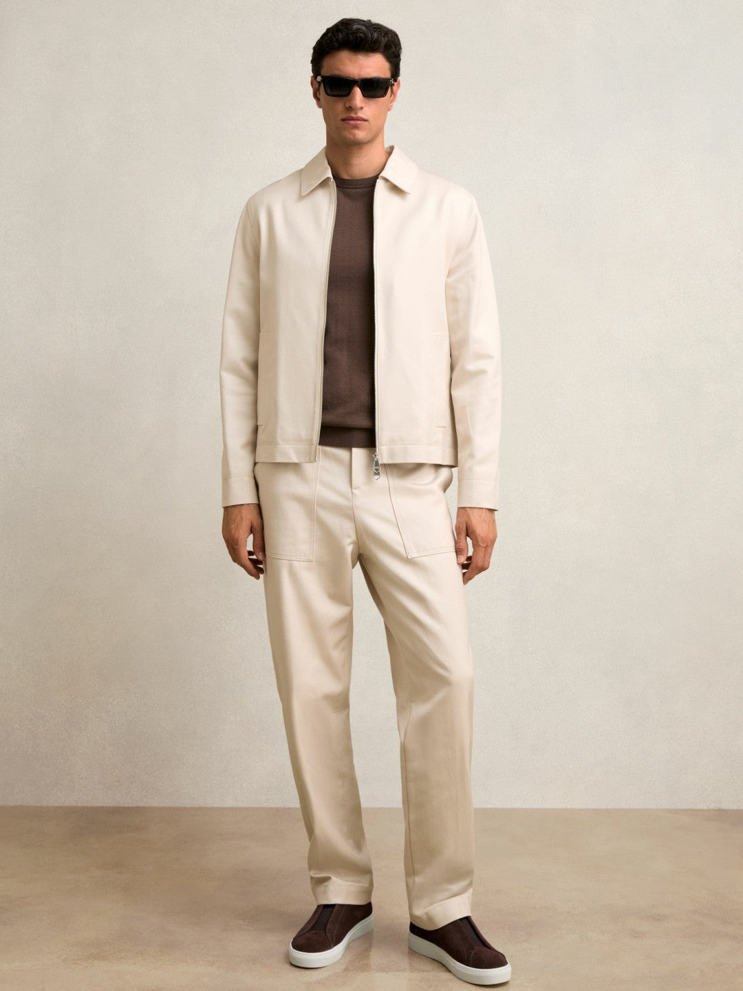 Lyocell-Cotton Zip-Through Twill Jacket Ecru | Mens