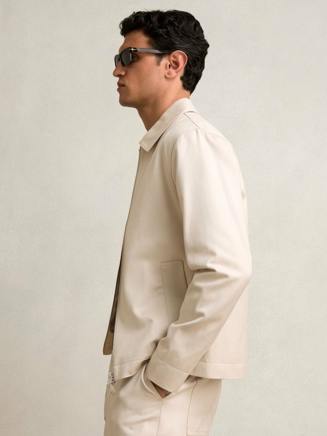 Lyocell-Cotton Zip-Through Twill Jacket Ecru | Mens