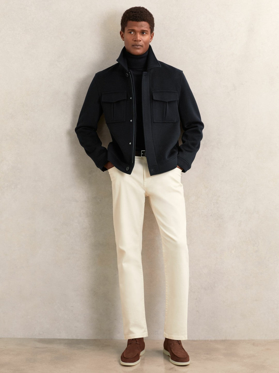 Wool Blend Twin Pocket Zipped Jacket Navy | Mens
