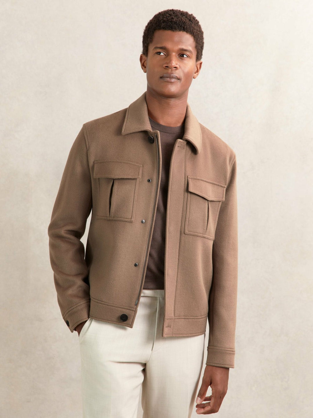 Wool Blend Twin Pocket Zipped Jacket Dark Brown | Mens