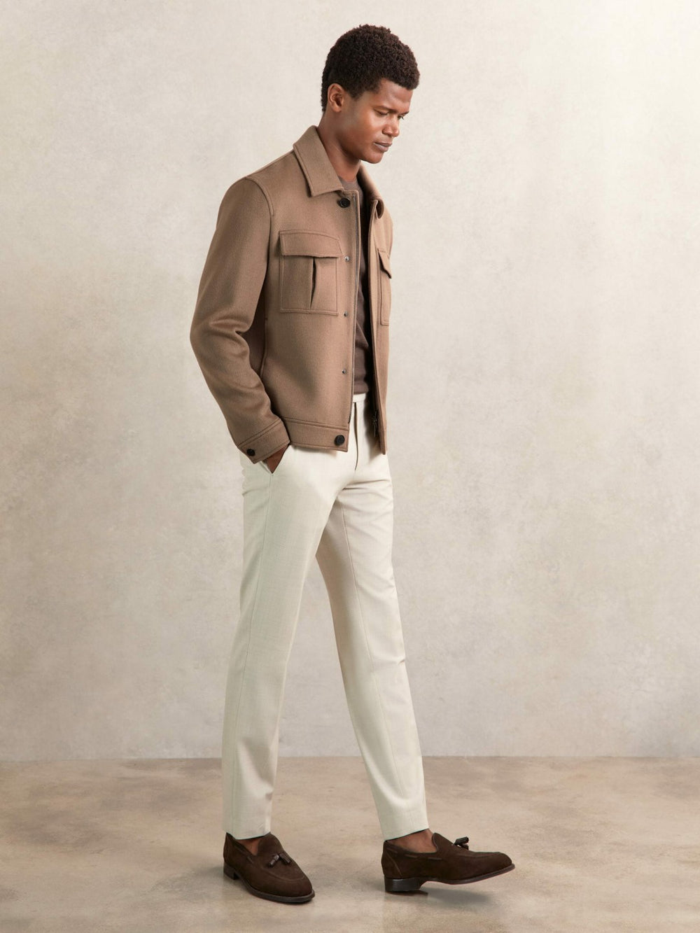 Wool Blend Twin Pocket Zipped Jacket Dark Brown | Mens