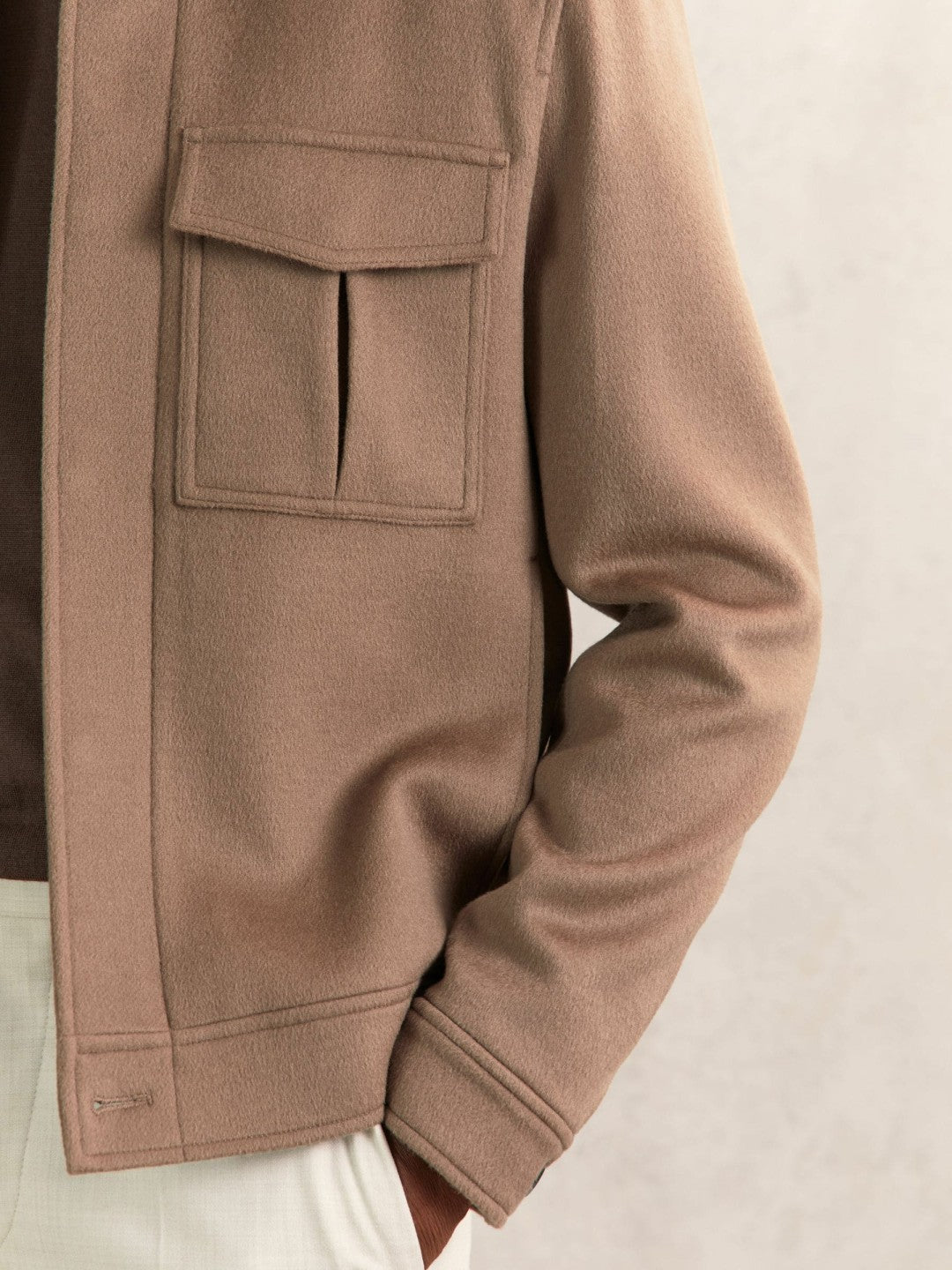 Wool Blend Twin Pocket Zipped Jacket Dark Brown | Mens
