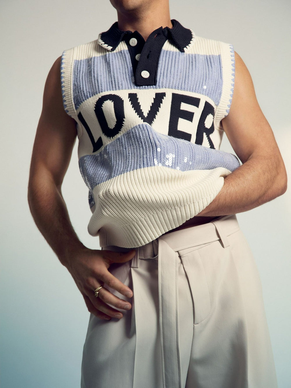 | Tom Daley Stripe Polo Vest Soft Blue | Mens
