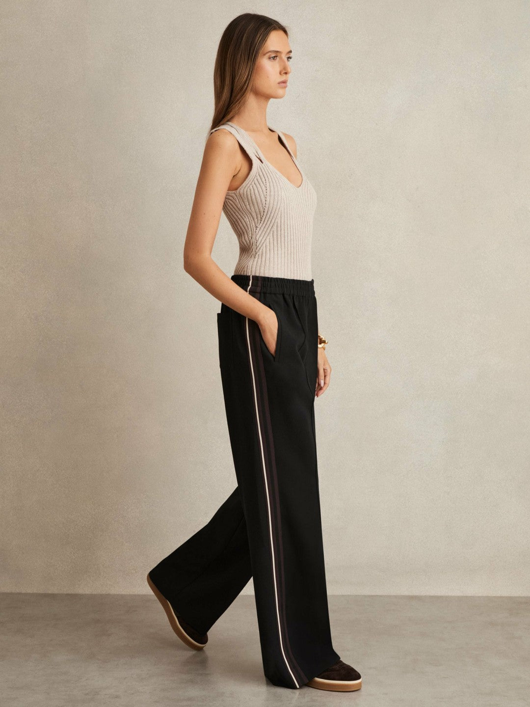 Side-Stripe Wide-Leg Trousers Black | Womens