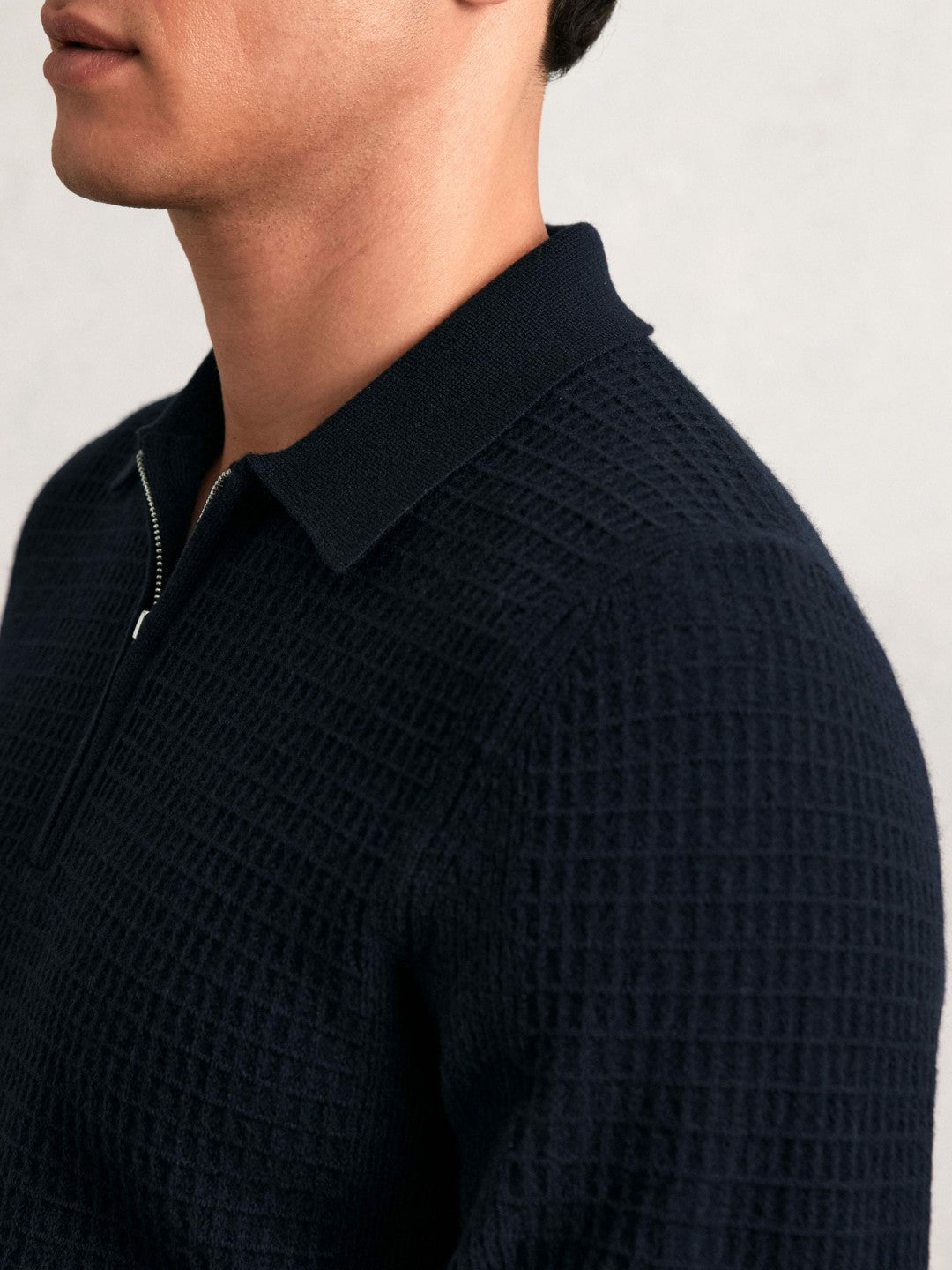 Wool Waffle-Knit Half-Zip Polo Shirt Navy | Mens