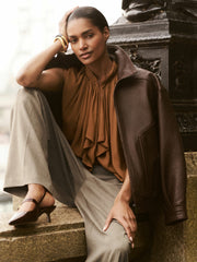 Crepe-Chiffon Ruffle Sleeveless Top Tan Brown | Womens