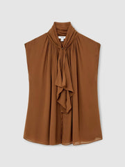 Crepe-Chiffon Ruffle Sleeveless Top Tan Brown | Womens