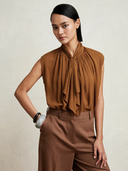 Crepe-Chiffon Ruffle Sleeveless Top Tan Brown | Womens