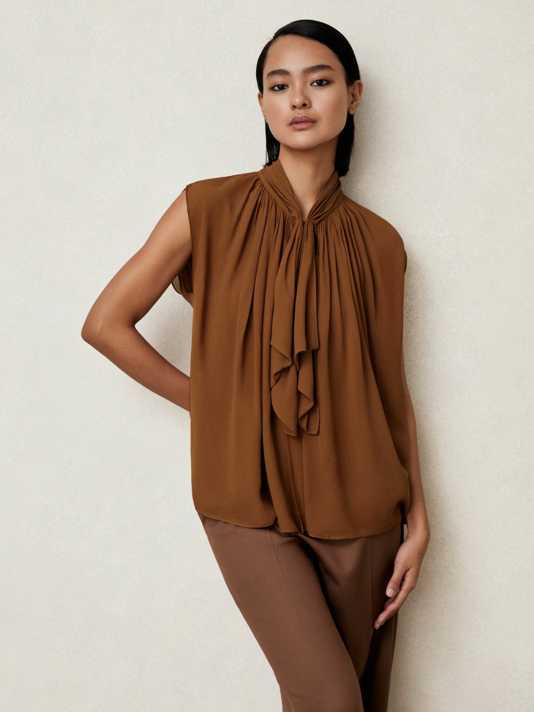 Crepe-Chiffon Ruffle Sleeveless Top Tan Brown | Womens