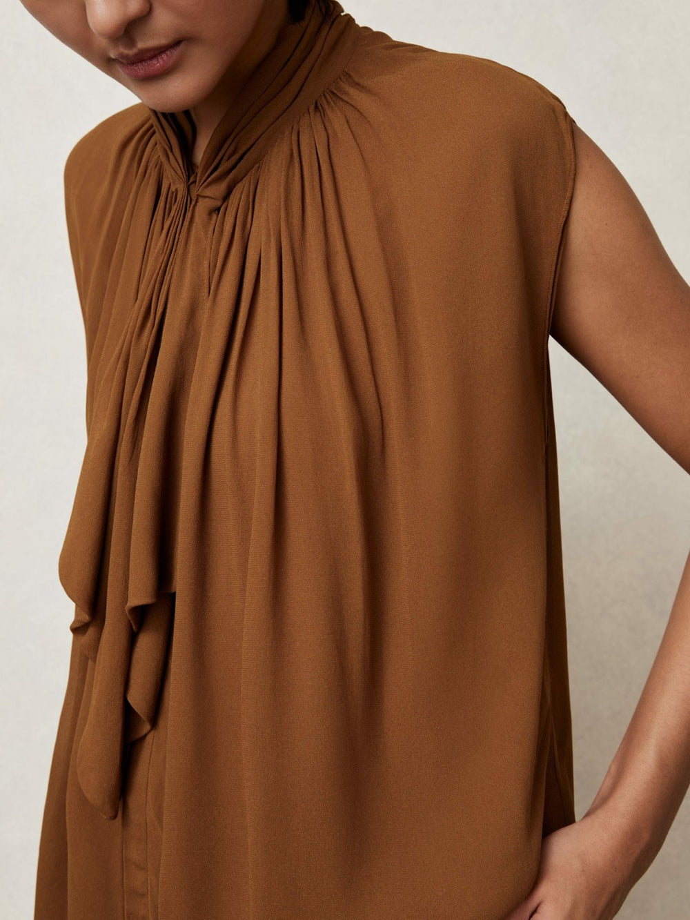 Crepe-Chiffon Ruffle Sleeveless Top Tan Brown | Womens
