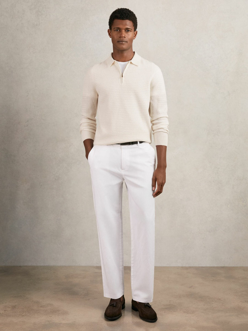 Wool Waffle-Knit Half-Zip Polo Shirt Off White | Mens