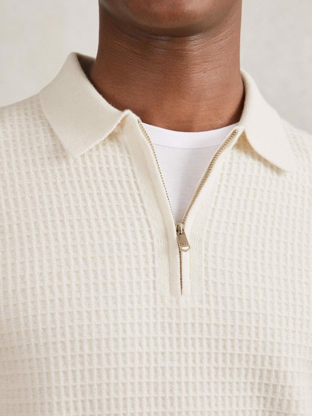 Wool Waffle-Knit Half-Zip Polo Shirt Off White | Mens