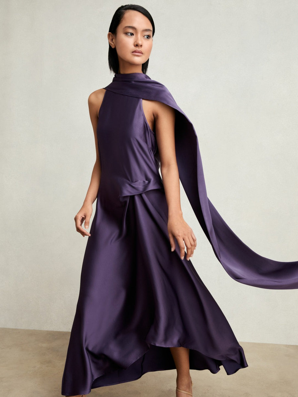 Petite Satin Tuck-Detail Cape Midi Dress Purple | Womens