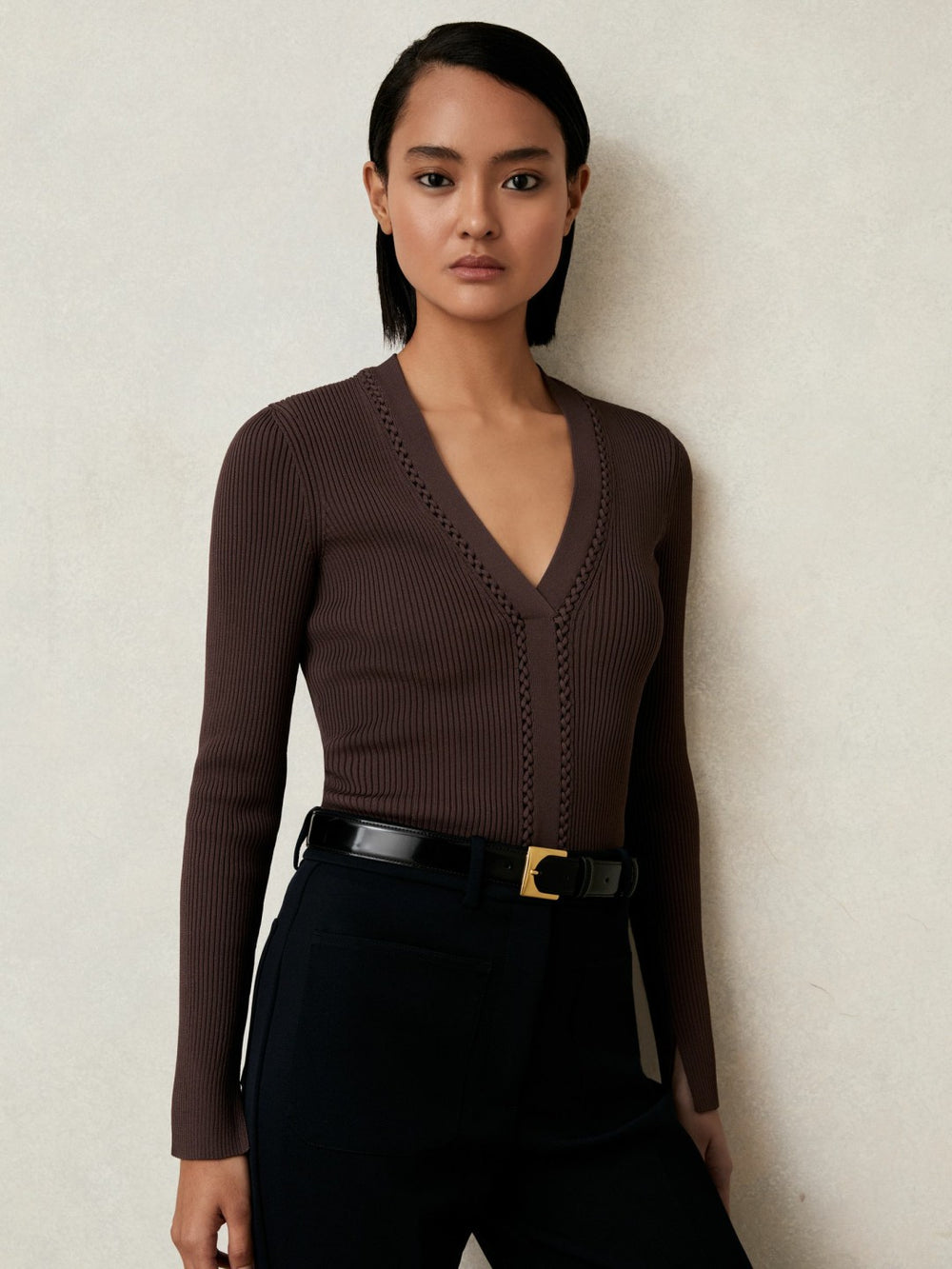 Craft-Stitch Rib-Knit Top Mocha Brown | Womens