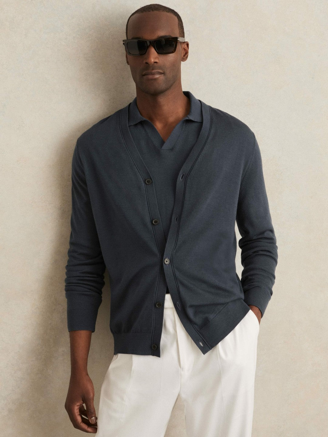 Merino Wool Button-Through Cardigan Midnight Navy | Mens
