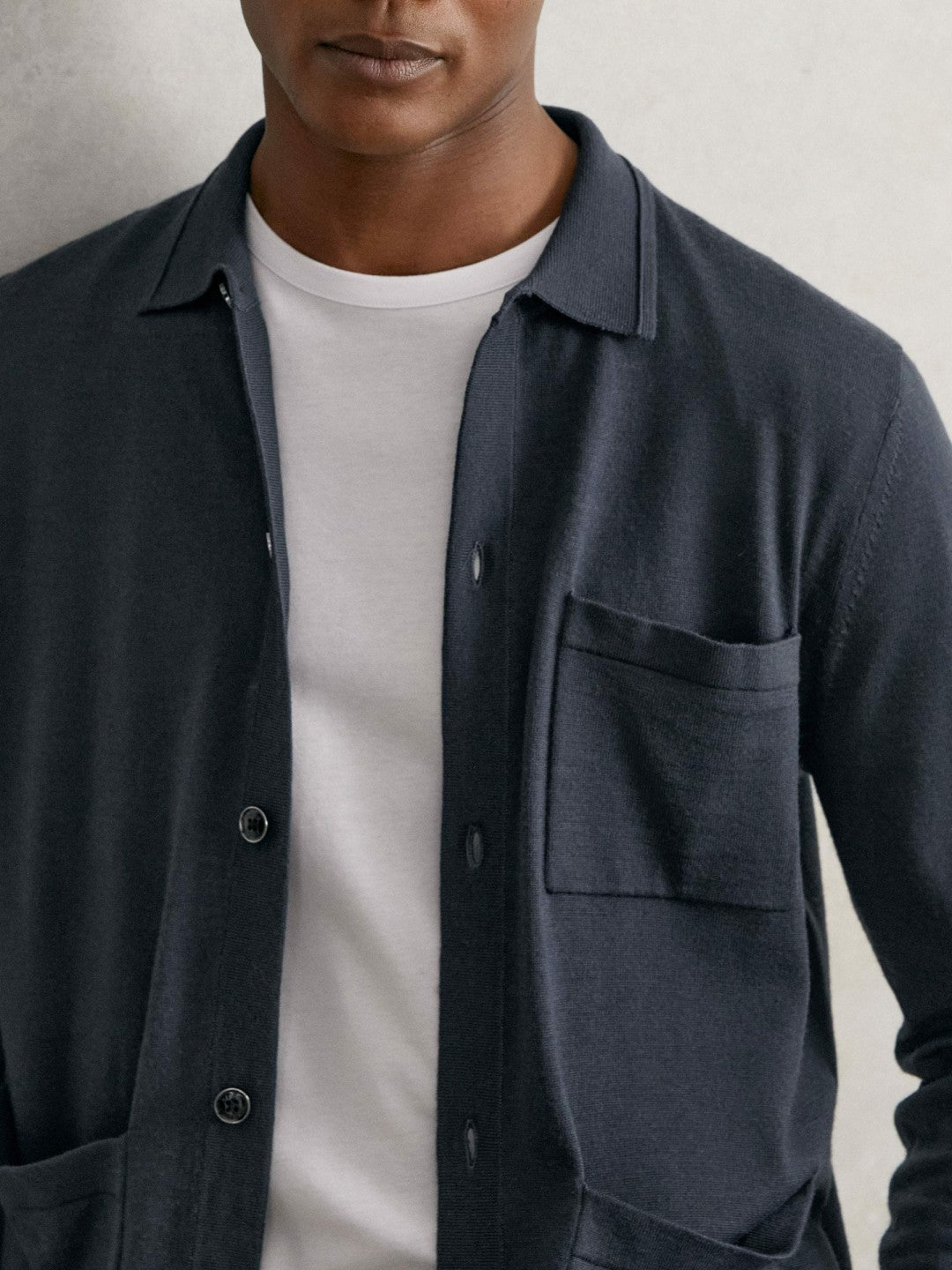 Merino Wool Button-Through Shirt Midnight Navy | Mens