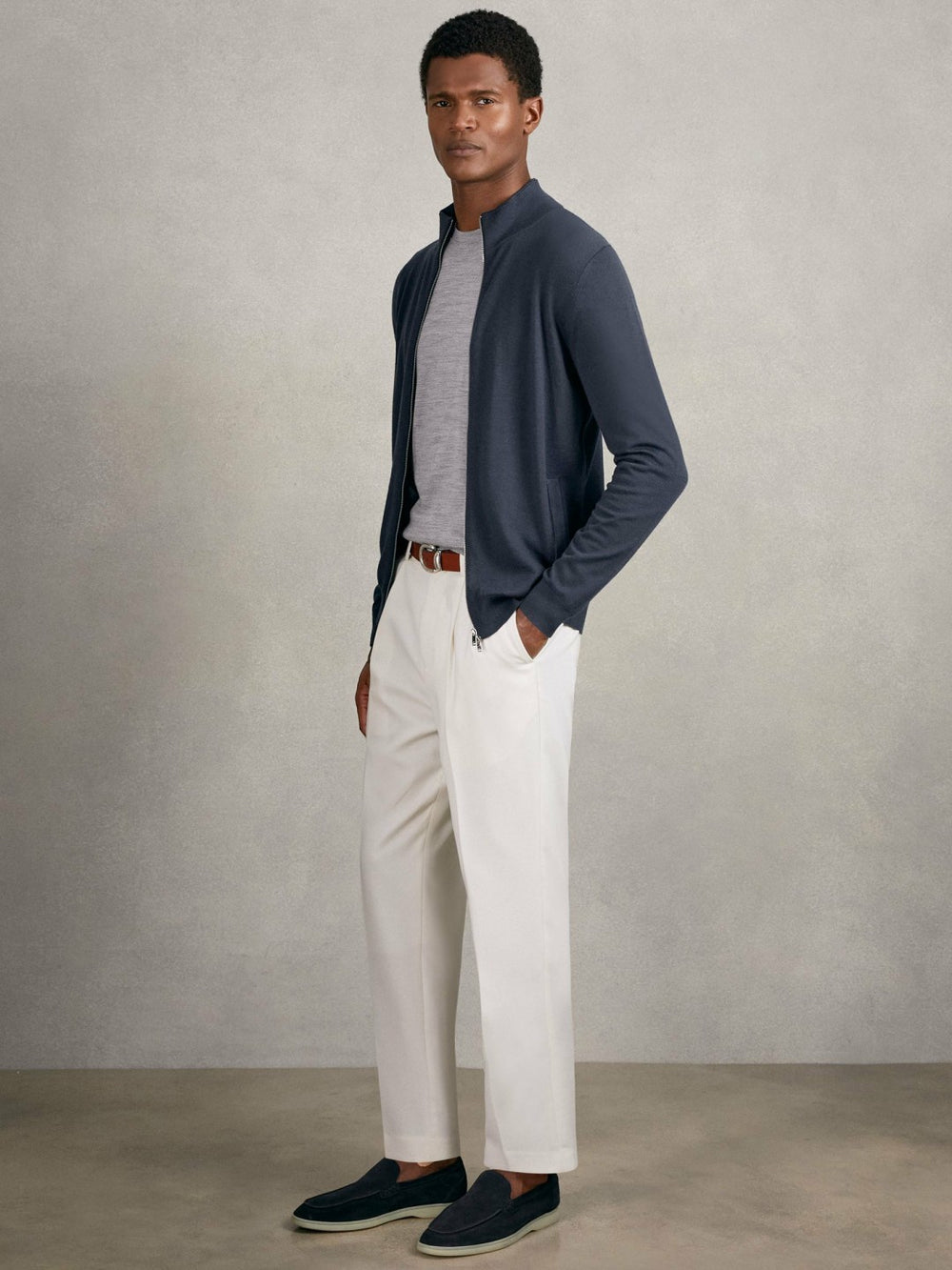 Merino Wool Zip Through Cardigan Midnight Navy | Mens