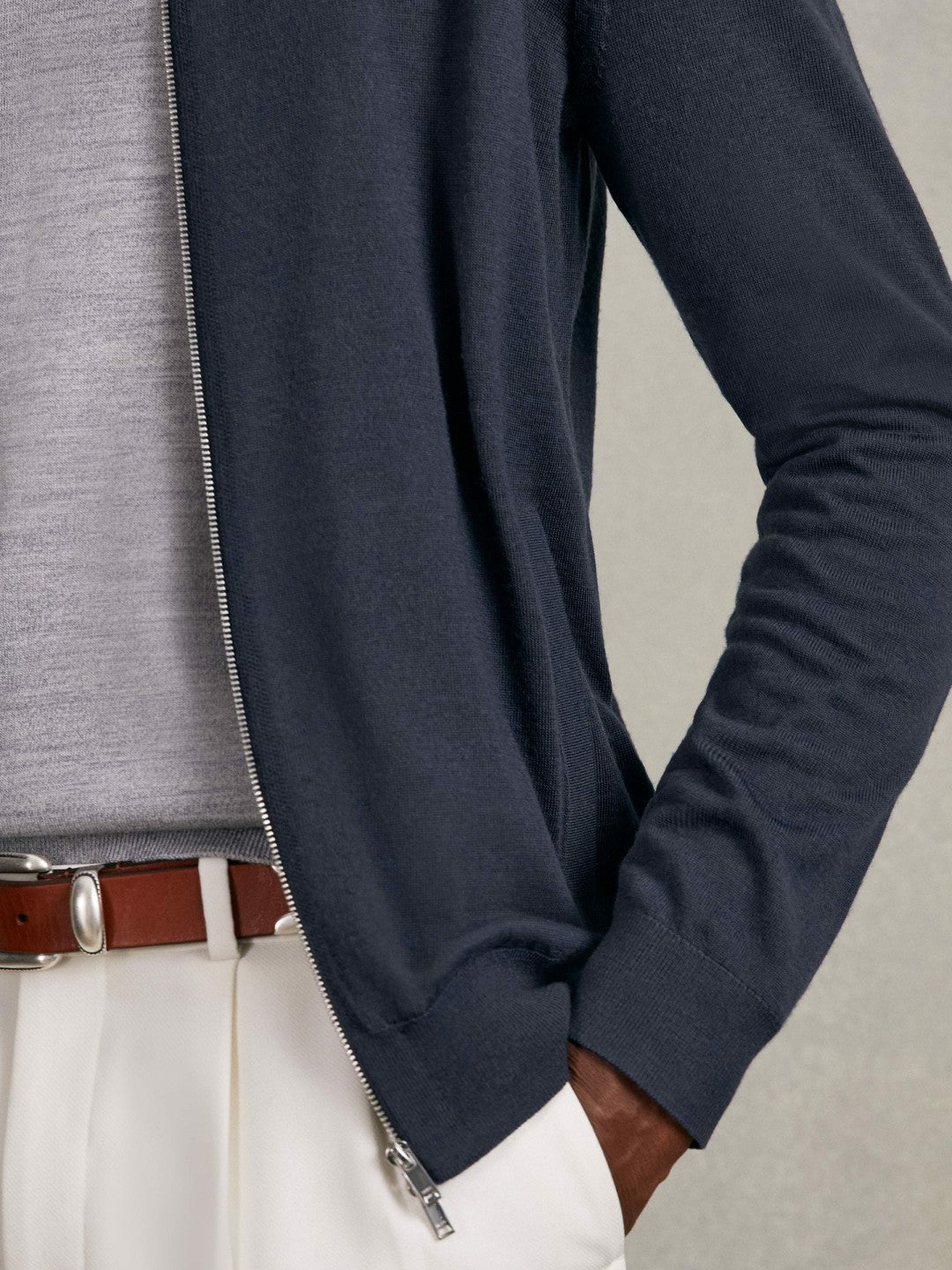 Merino Wool Zip Through Cardigan Midnight Navy | Mens