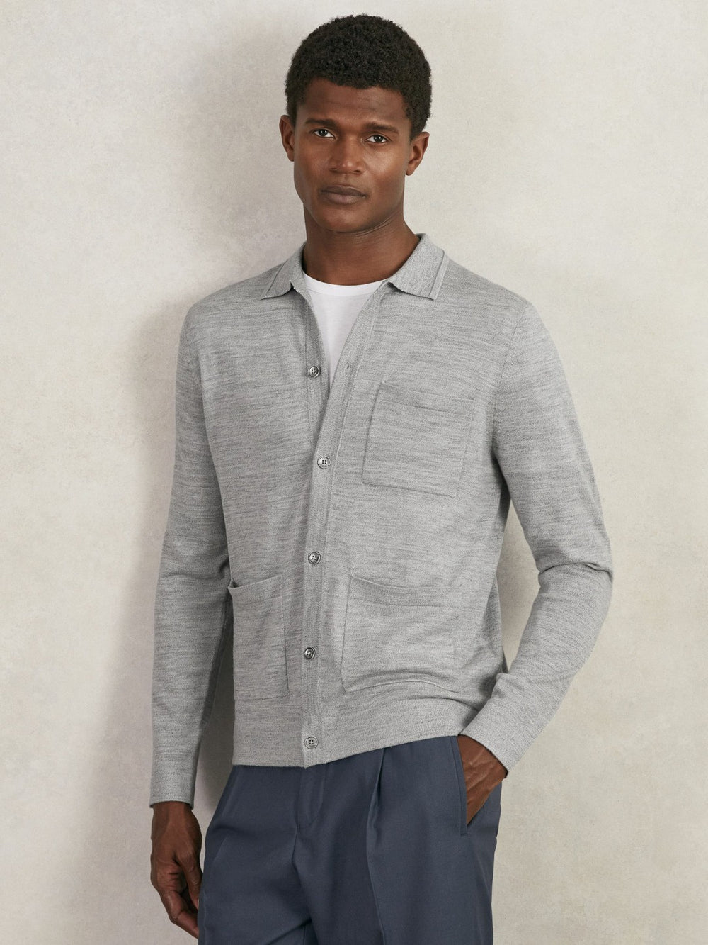 Merino Wool Button-Through Shirt Soft Grey Mouline | Mens