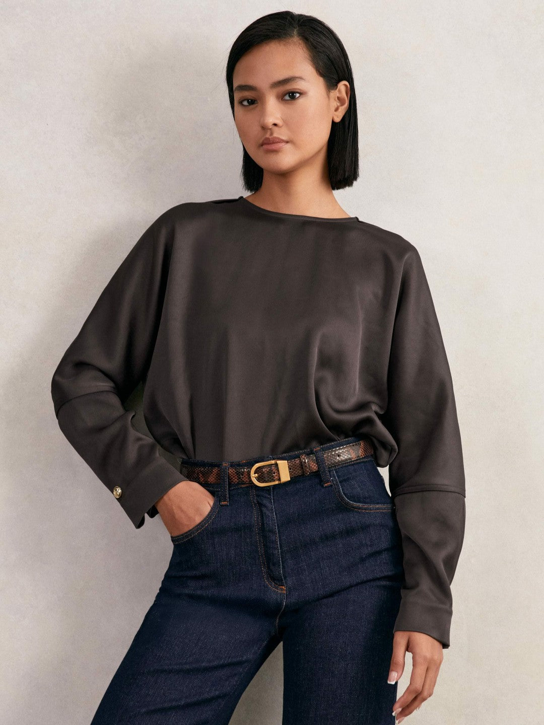 Satin Button-Back Long-Sleeve Top Mauve | Womens