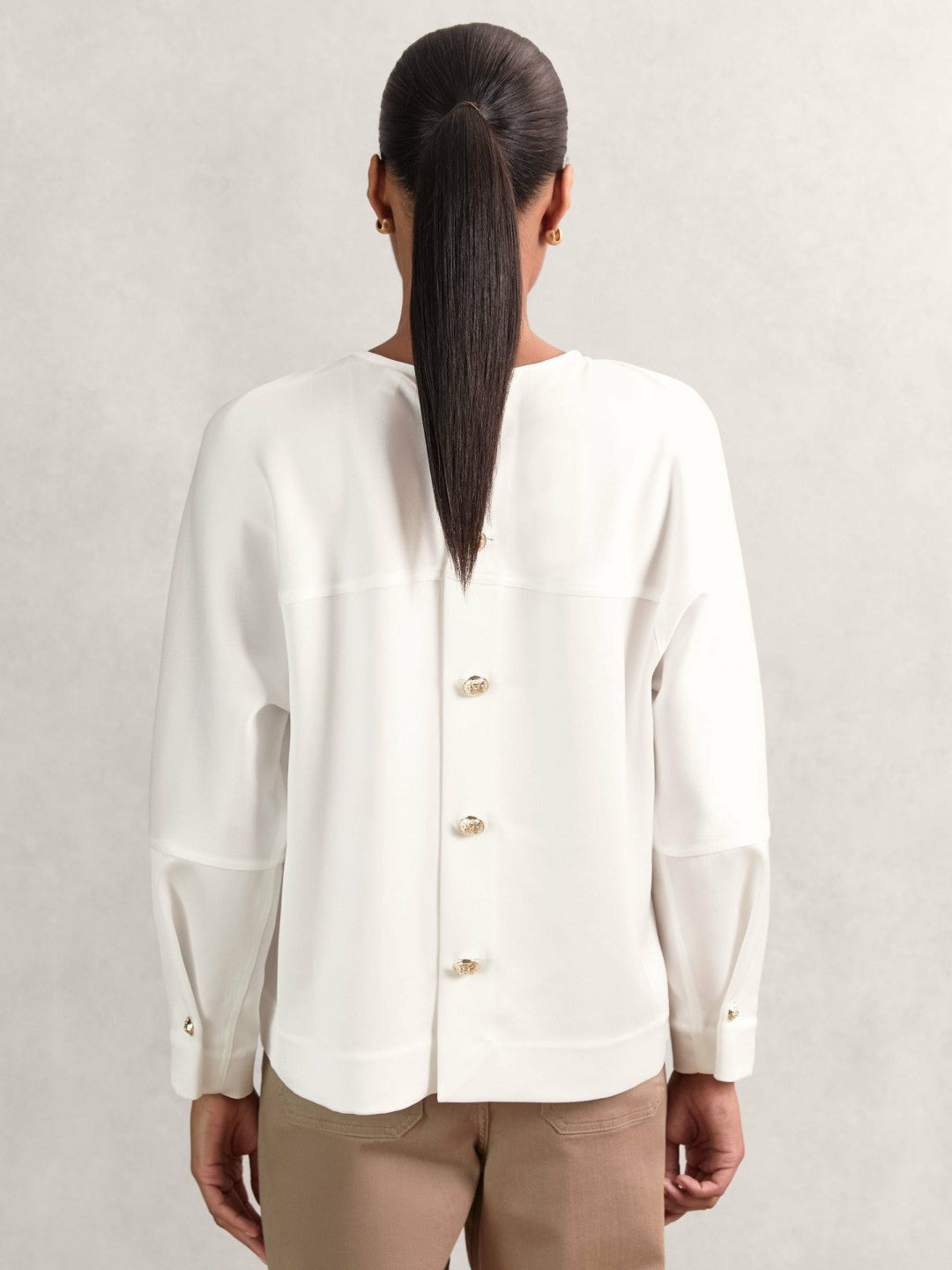 Satin Button-Back Long-Sleeve Top Ivory | Womens
