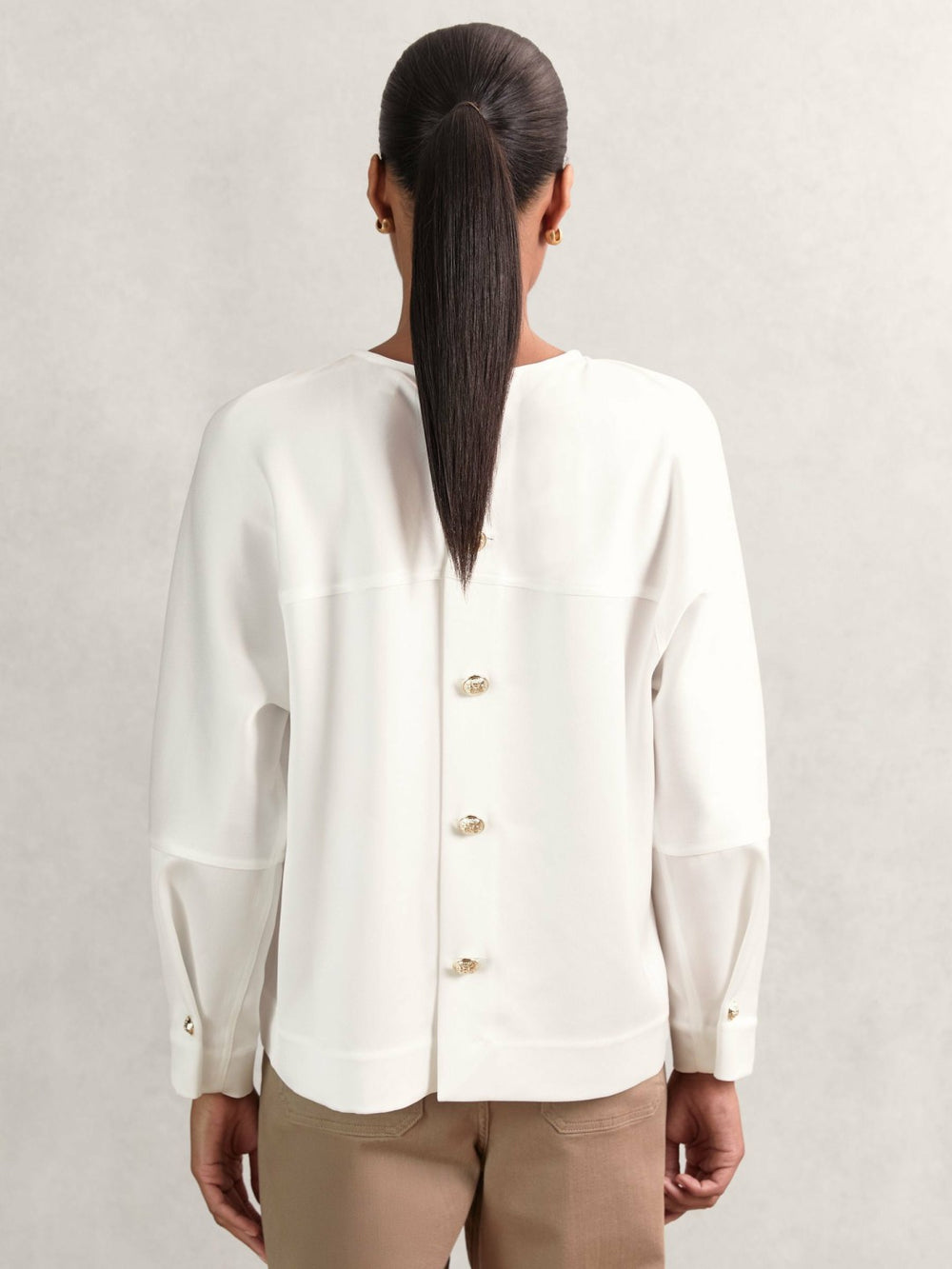 Satin Button-Back Long-Sleeve Top Ivory | Womens