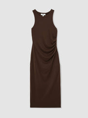 Jersey Ruched Racer Midi Dress Chocolate Brown | Womens