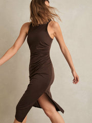 Jersey Ruched Racer Midi Dress Chocolate Brown | Womens