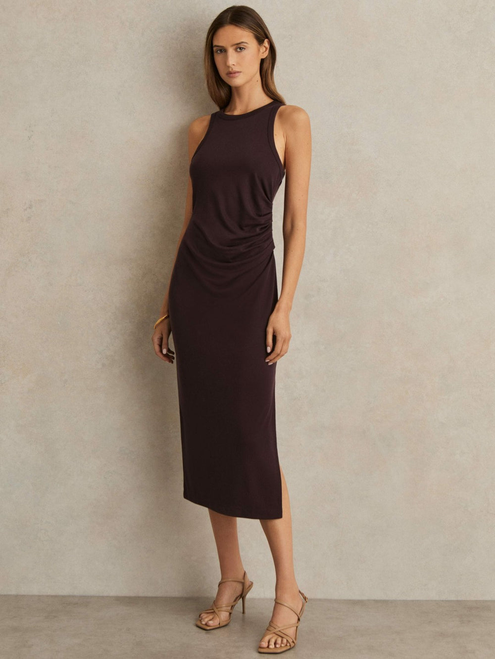 Jersey Ruched Racer Midi Dress Burgundy | Womens