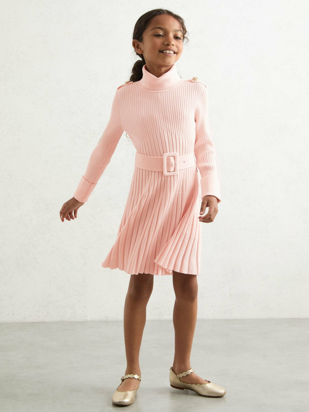 9-13 yrs Rib-Knit Roll-Neck Belted Dress Pink | Children